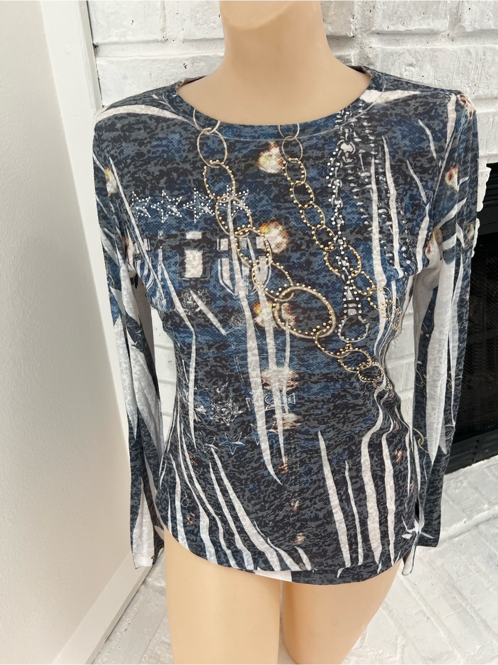 Romeo & Juliet Couture Navy Blue Printed Long Sleeve Top with Gold Chain Motif